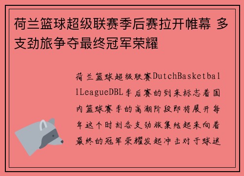 荷兰篮球超级联赛季后赛拉开帷幕 多支劲旅争夺最终冠军荣耀
