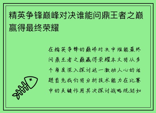 精英争锋巅峰对决谁能问鼎王者之巅赢得最终荣耀